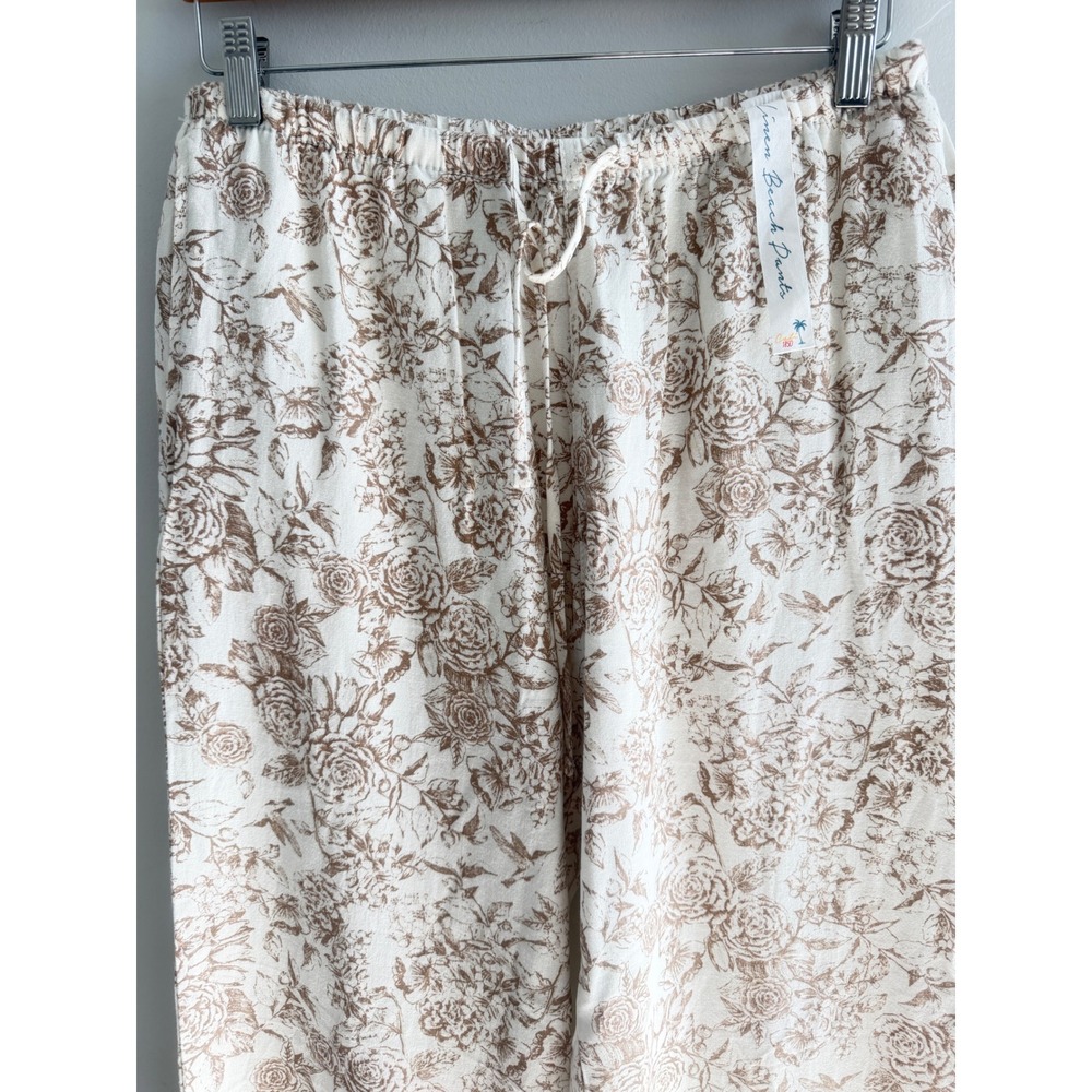 Women’s Wide-Leg Drawstring Floral Lounge Pants - White & Light Brown - Picture 8 of 14